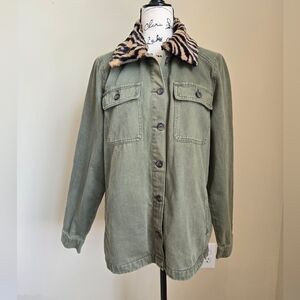 Dear John Denim Jacket Womens M Green Lightweight Faux Fur Collar